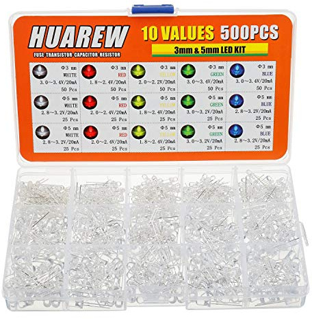 HUAREW 10 Werte 500 Stück LED Leuchtdiode 3 mm 5 mm mit weißem, rotem, gelbem, grünem, blauem 5 Farben Klassifizierungs kit