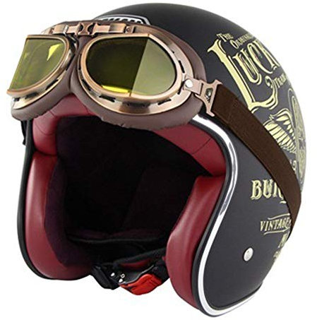 Casque Jet de Moto, Vintage Casque Face Ouverte Harley Casque Mobylette Bols Casque avec Rétro des Lunettes de Soleil pour Adulte Hommes Femmes Scooter Locomotive, ECE Homologué
