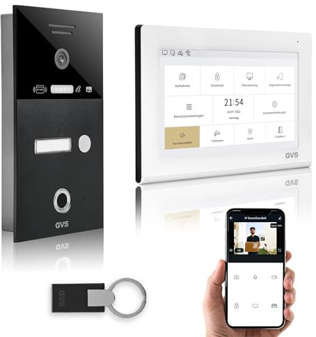 GVS - IP Video Türsprechanlage mit Türöffner, Fingerprint & RFID, HD Kamera, 1x 7 Zoll Monitor & App - Smarte Video Türklingel mit Kamera & Gegensprechanlage für 1 Familienhaus (AVS4479U)