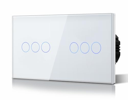 BSEED Interrupteur Tactile Double 3 Gang 1 Voie Commutateur d'éclairage Mural Compatible avec la lumière LED Écran Tactile en Verre Plaque de Cristal Trempé 157 * 86mm Blanc