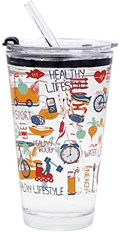 opjgw Recycled Glass Cup 450ml with Handle and Straw Transparent Juice Milk Tea Water Bottle with Lid and Scale Drinking Straw Coffee Cup Glasses (Fruitjuice)