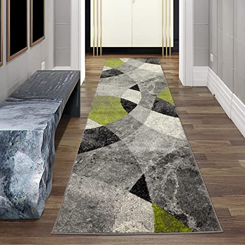 Moderner Wohnzimmer Teppich abstraktes Wellen Rauten Design marmoriert in grün grau - pflegeleicht Größe 80 x 300 cm