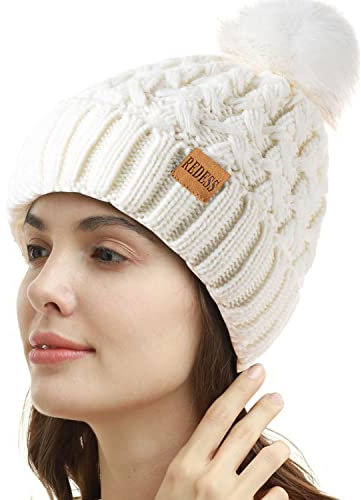REDESS Damen Winter Pompom Beanie Mütze Fleece gefütterte warme Mützen, dicke, lässige Schneestrickmütze für Damen