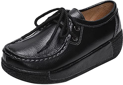 rismart Women's Platform Height Increasing Classic Leather Trainers Shoes Black Leather,6