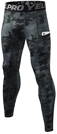Ruowuhen Herren Kompressionshose mit Taschen, Männer Sport Leggings Laufhosen Schnelltrocknend Fitness Funktionsunterhose Tights Tarnfarben Schwarz XL