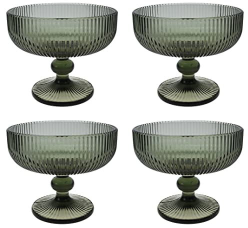 CHOOLD Vintage Strips Embossed Glass Footed Dessert Ice Cream Trifle Salad Candy Cake Bowl for Home Party Wedding - 9 oz, Dark Green, Set of 4