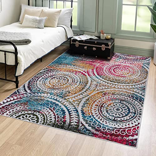Mazovia Modern Teppich - Kurzflor Waschbar - Weich Teppich für Wohnzimmer, Schlafzimmer, Esszimmer – Teppiche Abstrakt Vintage - Bunt 140 x 200 cm