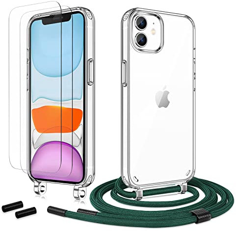 Anshow Handykette für iPhone 12 Mini Hülle mit Band + 2 Schutzfolie, Robust Necklace Extrem Stoßfest Handyhülle iPhone 12 Mini Case Transparent Schutzhülle zum Umhängeband Abnehmbar, Alpingrün