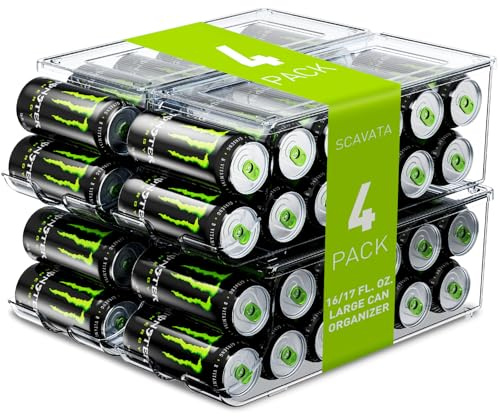 SCAVATA 4 Pack Tall Skinny Can Organizer for Refrigerator, Stackable Beverage Cans of 16oz & 17oz Energy Drink Container Holder Dispenser with Lid for Fridge Rack Freezer, Clear Plastic Storage Bins