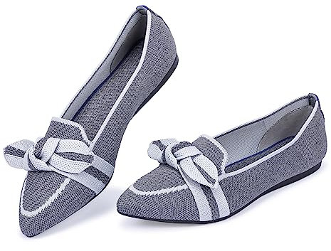 Frank Mully Loafer Flats für Damen Lässiger Strickstoff Schuhe Waschbar Schnürschuhe mit spitzer Zehenpartie Bequeme Schuhe im Ballettstil für, Grau, 40 EU