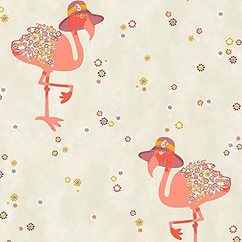 Floral Flamingo Wallpaper - Beige Pink Orange Flowers Animal Print Naturistic - Modern Feature Wall