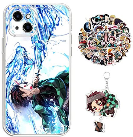 Staremeplz Compatible with iPhone 13 Pro Max Case Demon -Slayer Tanjirou Anime Design [With Keychain and 50pcs Stickers] Cartoon Transparent Soft Silicona Case for iPhone 13 Pro Max