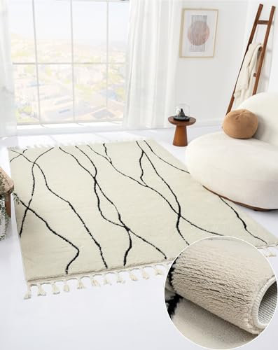 MY-RUG Teppich Linnea rechteckig weiß schwarz mit Muster und Linien, Wohnzimmerteppich kurzflor Shaggy, Boho & geometrisch, Schlafzimmer Teppich im Landhaus Stil