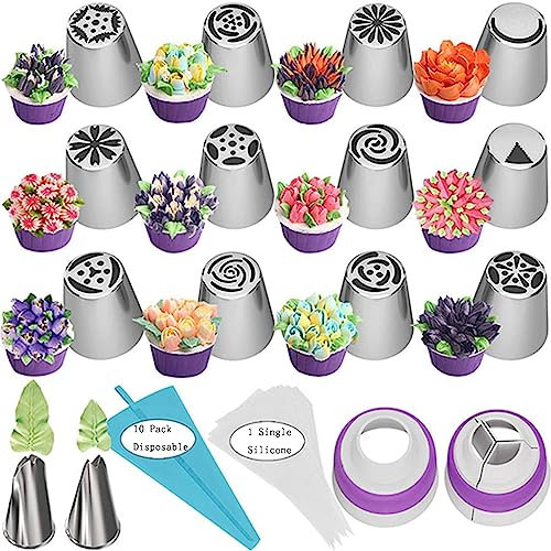 27 Pieces Cake Decoration Russian Piping Nozzles Set 12 Stainless Steel Icing Nozzles Set 2 Nozzle Converter 10 Disposable Bags 1 Silicone Reusable Piping Bag for Cakes Biscuits Decoration