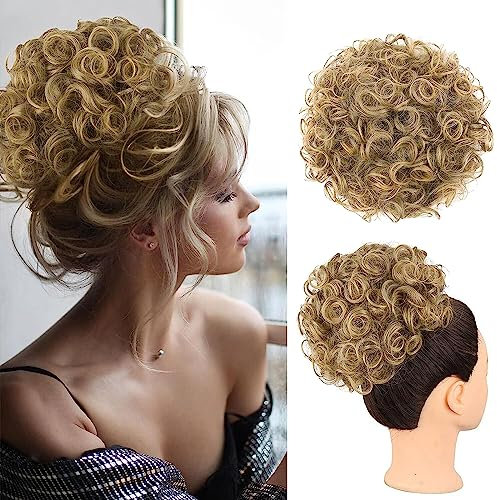 PORSMEER Haarteil Dutt Haar Bun Goldblond mit Elastischer Kordelzug Kurz Locken Welle Pferdeschwanz Haarteil Kunsthaar Updo Haarverlängerung zopf für Frauen Kinder