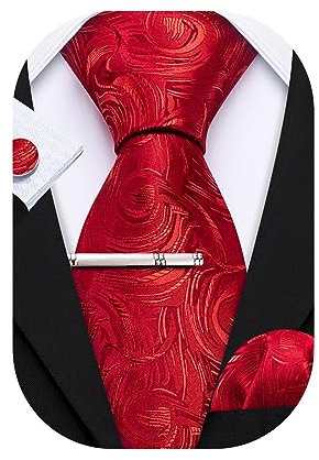 Barry.Wang Herren-Krawatten, Seide, einfarbig, Paisleymuster, formell, Satin, Einstecktuch, Party, klassisch, Hochzeit, Jahrestag, Geschenk-Box, 4 Stück, rote rose, Einheitsgröße