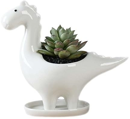 BYVUTE Ceramic Dinosaur Succulent Pots, Cute Mini Animal Planter, Creative Plant Pots for Gardening, Succulents, Flowers, Cactus, for Indoors Outdoor Office Home Garden Kitchen Decor (White)