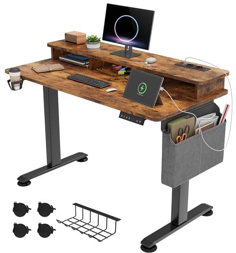 YITAHOME Elektrisch Höhenverstellbarer Schreibtisch, 120x60x(72-120) cm, mit Ablagefach, Computerständer, Memory-Handsteuerung, 2 USB-Anschlüssen, Sitz-Stehpult 360°Rollen Schreibtisch, Vintage-Braun