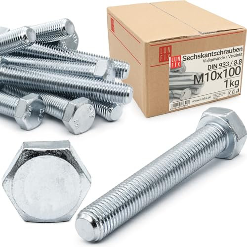 Lun Fix Sechskantschrauben M 10 x 100 |DIN 933| 1kg (16 Stück) Vollgewinde, verzinkter Stahl, Gewindeschrauben mit sechseckigem Kopf, 6 Kant Maschinenschrauben mit Gewinde bis Kopf, Vollgewindebolzen