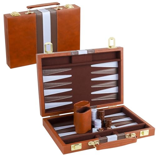 TOPTAN Backgammon Set 2 players Classic Backgammon Sets for Board Game with Premium Leather Case Portable and Travel Backgammon Set (Brown, 11inch)