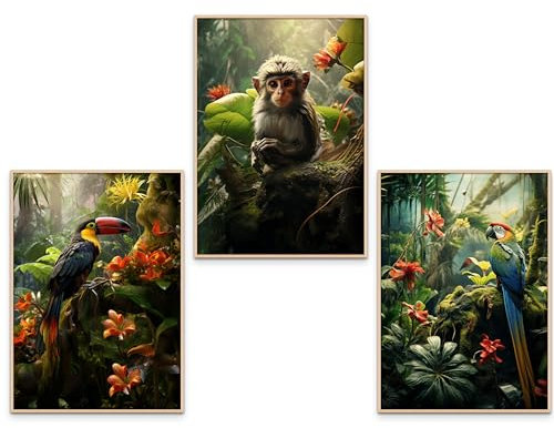 GrowArt - Exotische und farbenfrohe A3-Dschungelposter ohne Rahmen mit einem Tukan, einem Papagei und einem Affen - eine einzigartige und originelle Wanddekoration, die jeden Raum belebt.
