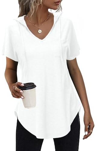 Tanmolo Damen Sommer Hoodie Sweatshirt mit Kapuze Kurzarm T Shirt V Ausschnitt Kapuzenpullover Kordelzug Tops Weiß, L