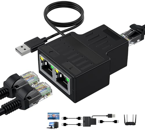 100Mbps Ethernet Network Splitter 1 to 2 Dual Female USB to RJ45 Port with USB Power Cable LAN Interface Ethernet Socket Connector 8P8C Extender Plug Simultaneously Networking for Cat5/5e/6/7/8 Cable