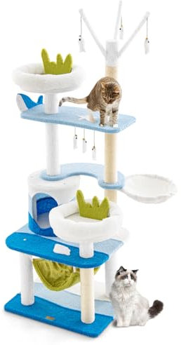 Maxmass Cat Tree, Multi-level Kitten Tower with Padded Perch, Sisal Rope Posts and Hanging Toys, Indoor Cats Climbing Frame for Bedroom Living Room Pet Store (59x49x165cm with Condo & Hammock)