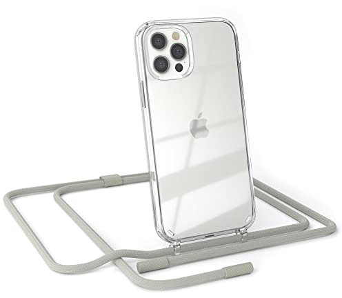 EAZY CASE - kombinierbare Handyketten kompatibel mit iPhone 12/12 Pro, Transparente Silikon-Hülle mit Umhängeband, abnehmbar durch abschraubbare Endstücke, Hülle, Schultergurt, Taupe