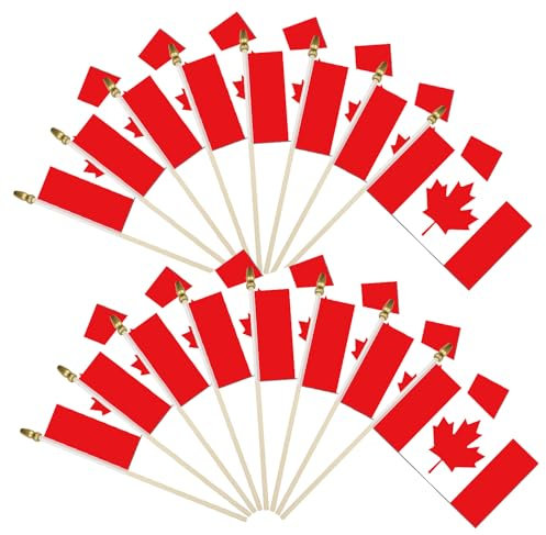Kleine Kanada-Flaggen auf Stab – Mini-kanadische Flaggen mit kindersicherer Speerspitze – 12,7 x 20,3 cm Holzstab-Handflaggen für patriotische Dekorationen, Paraden, Partys, Nationalflaggen, 16 Stück