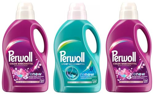 PERWOLL Flüssig-Set 3x 27 Waschladungen (81WL) 2x Color Blütenrausch & 1x Sport, Feinwaschmittel erneuert Farben und Fasern & Hygiene Waschmittel, entfernt schlechte Gerüche