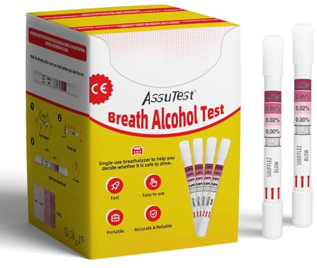 AssuTest Disposable Breathalyzer (25 Pack) - Accurate Single-Use Alcohol Breath Test Kit, Portable Alcohol Tester for Drivers and Social Events