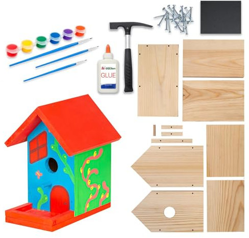 ITA DIY Nistkasten zum Zusammenbauen und Bemalen Skylark - Vogelhaus Komplett Bausatz mit Hammer, Nägeln, Farben zum Bauen und Malen für Kinder - Bastelset für Jungen & Mädchen - Vogelhäuschen