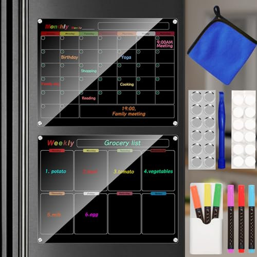 Ninyoon Calendar Meal Planner for Fridge, Magnetic Acrylic Fridge Menu Dry Erase Board with 6 Markers 1 Holder 12 Hanging Hardware 12 Gaskets 1 Towel - 2 Set (Black - 13x9.8 - Weekly & Monthly)