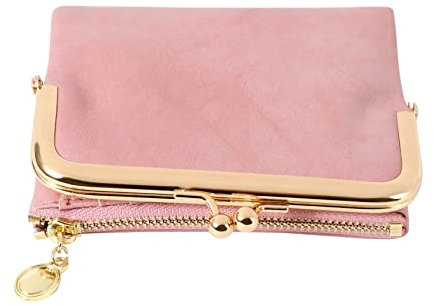 Yumin Damen Kurz Brieftasche Bifold Retro Multifunktions GeldböRse mit ReißVerschluss und Kiss Lock Rosa