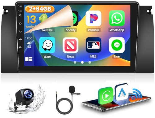 Hikity 2GB+64GB Android 15 Autoradio für BMW 5 E39 E53 M5 X5 1996-2007 Radio Wireless CarPlay Android Auto Bluetooth Freisprecheinrichtung 9 Bildschrim Auto Radio mit Navi Rückfahrkamera