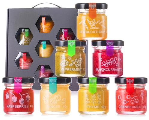 Gourmet Honey Gift Set - 7x40g Mini Jars with Freeze-Dried Berries and Herbs: Ginger, Raspberry, Thyme, Peppermint, Sea Buckthorn - A Sweet and Unique Gift Idea for Any Occasion