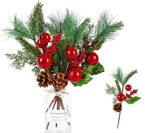 ilauke 6 Stück Tannenzweige Künstlich, Künstliche Tannenzweige mit Beeren und Tannenzapfen, Künstlich Weihnachten Tannenzweige Kiefernnadel Tannennadeln für DIY Weihnachtskranz Weihnachten Deko, Rot