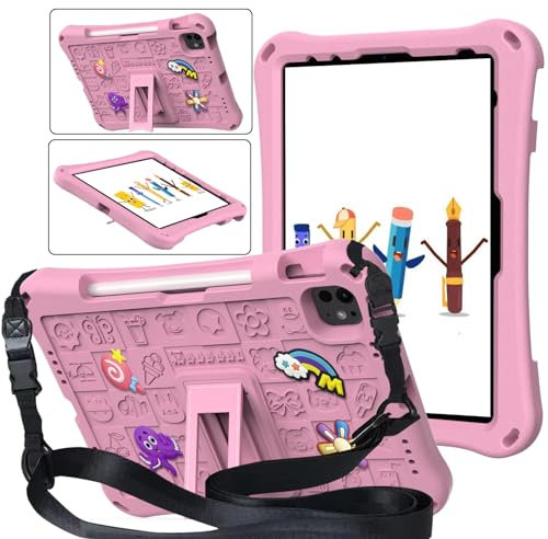 Funda Niños para iPad Air 11 Pulgadas M2 2024, iPad Air 6ª Gen, iPad Air 5ª/4ª Gen 10.9 2022/2020 con Soporte para Lápiz [Soporta Pencil Pro/ 2ª/USB-C], Soporte & Correa para el Hombro, Rosa