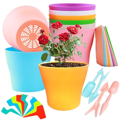 24 Stück 14cm Bunte Kunststoff-Pflanztöpfe für den Innenbereich, XingyLi 8 runde kleine Blumentöpfe mit Untersetzern, Farbige Samentöpfe mit 12 Pflanzenetiketten und 4 Umpflanzwerkzeugen für Büro