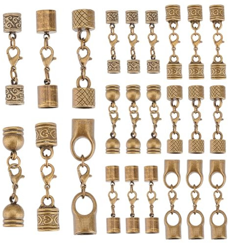 GOMAKERER 24 Sets Cord End Caps with Lobster Clasp Connector, 6 Styles Tibetan Alloy Leather Caps Glue in Barrel End Caps for 8mm Cord Necklace Bracelet Jewelry DIY Making