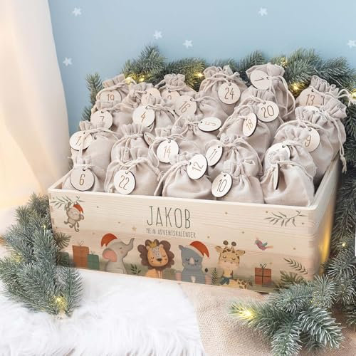 Personalisierte Adventskiste - Adventskalender aus Holz mit Namen - Gravur Kalender DIY - Weihnachtskalender für Kinder - hello mini (Safari Druck)