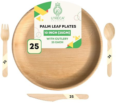 Eco-Friendly Areca Palm Leaf Catering Pack | 10 Round Plates (25) + Birchwood Cutlery (Forks, Knives, Spoons - 25 Each) | Total Pack of 100 | Ideal for Buffets | Leakproof, Sturdy, Biodegradable
