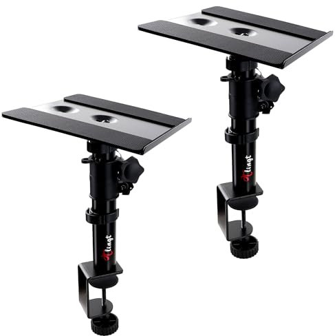 Desktop Speaker Stands Pair, Clamp-on Monitor Speaker Stand Riser Set of 2, 17 x 20 cm Metal Tray, Adjustable -10° to +10° Tilt Angle, Ideal for 3 to 4-inch Monitor Speaker, Bookshelf Speaker