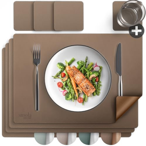 smøla 8-teiliges Tischset aus PU-Leder - inkl. Untersetzer I Platzset Abwaschbar I Platzdeckchen Set in Lederoptik, Tischunterlage für Teller & Gläser I Tischdeko Frühling, Braun/Gold