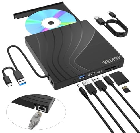 AGPTEK Lettore DVD esterno USB 3.0 Slim CD masterizzatore DVD con adattatore Ethernet, porte USB e slot per schede TF/SD, lettore CD/DVD/scrittore per computer portatile, MacBook, Windows, Linux, Mac