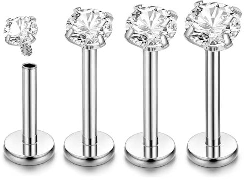 IKOPFLN 4 Paar Tragus Piercing Lippenpiercing Labret Stecker Chirurgenstahl Silber 16G Stab mit Zirkonia Helix Ohr Piercing - 2/3/4/5 mm
