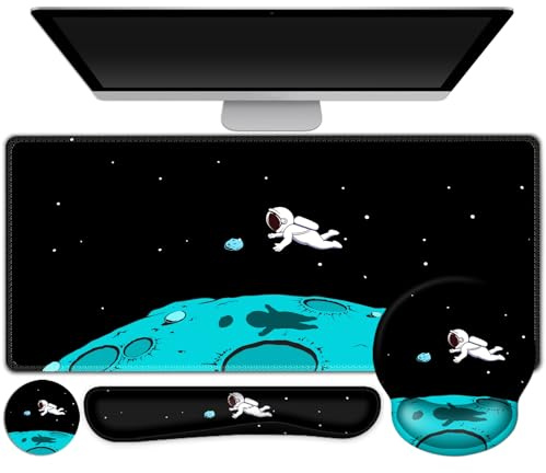 Gaming Mouse Pad, Large Desk Mat, Cute Desk Pad Protector, 4in1 XXL Mousepad + Keyboard Wrist Rest+Mouse Wrist Rest+Coaster Set with Ergonomic Desk Pad for Home Office PC Computer, Cool Space Alien