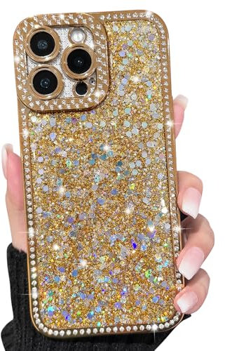 NITITOP Compatible with iPhone 14 Pro Max Case Glitter Sparkly Sequin Design for Girls Women Luxury Bling Crystal Diamond Frame Full Camera Protection Shockproof Protective Phone Cover - Gold