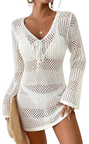 Bsubseach Women V Neck Long Sleeve Crochet Bikini Beach Cover Up White L